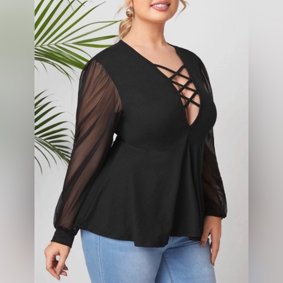 Urbanic Black Deep neck top with sheer sleeves - Picture 3 of 10